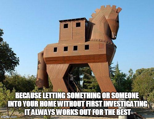 Trojan Horse | BECAUSE LETTING SOMETHING OR SOMEONE INTO YOUR HOME WITHOUT FIRST INVESTIGATING IT ALWAYS WORKS OUT FOR THE BEST | image tagged in trojan horse | made w/ Imgflip meme maker