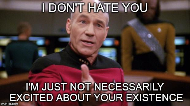 I don't hate you | I DON'T HATE YOU I'M JUST NOT NECESSARILY EXCITED ABOUT YOUR EXISTENCE | image tagged in captain picard | made w/ Imgflip meme maker