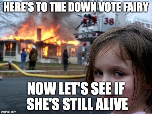 Disaster Girl Meme | HERE'S TO THE DOWN VOTE FAIRY NOW LET'S SEE IF SHE'S STILL ALIVE | image tagged in memes,disaster girl | made w/ Imgflip meme maker