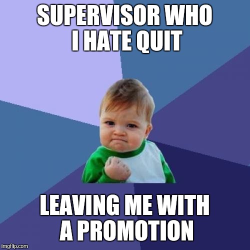 Success Kid Meme | SUPERVISOR WHO I HATE QUIT LEAVING ME WITH A PROMOTION | image tagged in memes,success kid,AdviceAnimals | made w/ Imgflip meme maker