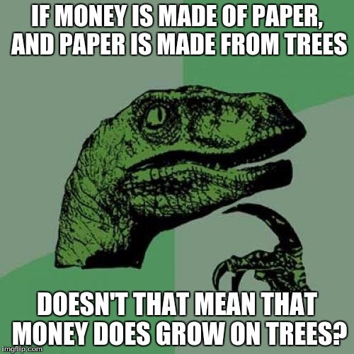 I'm sure this is somewhere else on imgflip. | IF MONEY IS MADE OF PAPER, AND PAPER IS MADE FROM TREES DOESN'T THAT MEAN THAT MONEY DOES GROW ON TREES? | image tagged in memes,philosoraptor | made w/ Imgflip meme maker