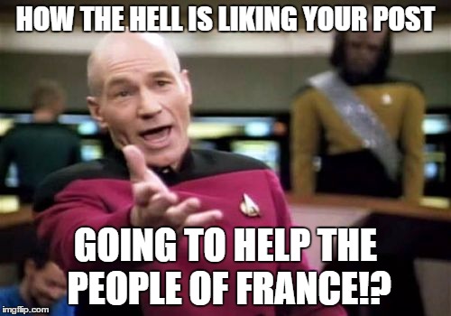 For God's Sake, Stop | HOW THE HELL IS LIKING YOUR POST GOING TO HELP THE PEOPLE OF FRANCE!? | image tagged in memes,picard wtf | made w/ Imgflip meme maker