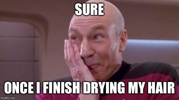 picard oops | SURE ONCE I FINISH DRYING MY HAIR | image tagged in picard oops | made w/ Imgflip meme maker