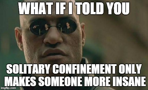Matrix Morpheus Meme | WHAT IF I TOLD YOU SOLITARY CONFINEMENT ONLY MAKES SOMEONE MORE INSANE | image tagged in memes,matrix morpheus | made w/ Imgflip meme maker