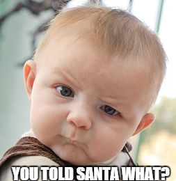 Skeptical Baby | YOU TOLD SANTA WHAT? | image tagged in memes,skeptical baby | made w/ Imgflip meme maker