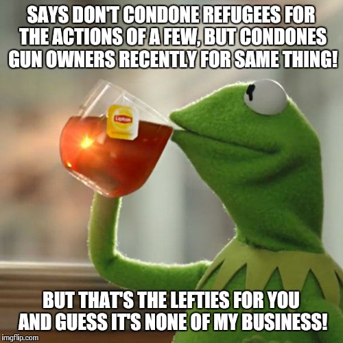 But That's None Of My Business | SAYS DON'T CONDONE REFUGEES FOR THE ACTIONS OF A FEW, BUT CONDONES GUN OWNERS RECENTLY FOR SAME THING! BUT THAT'S THE LEFTIES FOR YOU AND GU | image tagged in memes,but thats none of my business,kermit the frog | made w/ Imgflip meme maker