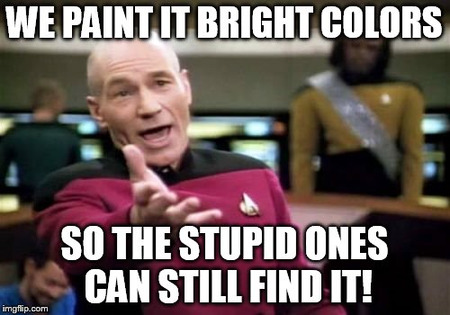 Picard Wtf Meme | WE PAINT IT BRIGHT COLORS SO THE STUPID ONES CAN STILL FIND IT! | image tagged in memes,picard wtf | made w/ Imgflip meme maker