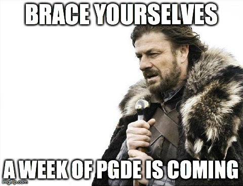 Brace Yourselves X is Coming Meme | BRACE YOURSELVES A WEEK OF PGDE IS COMING | image tagged in memes,brace yourselves x is coming | made w/ Imgflip meme maker