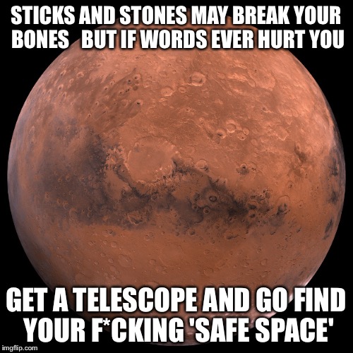 A Vast Universe With Galaxies Of 'Safe' Space | STICKS AND STONES MAY BREAK YOUR BONES   BUT IF WORDS EVER HURT YOU GET A TELESCOPE AND GO FIND YOUR F*CKING 'SAFE SPACE' | image tagged in mars,memes,space,mizzou,black lives matter,college liberal | made w/ Imgflip meme maker