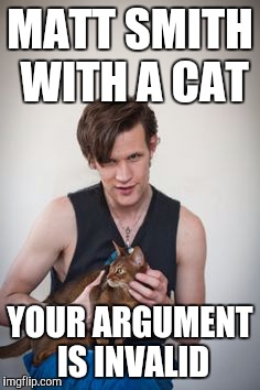 MATT SMITH WITH A CAT YOUR ARGUMENT IS INVALID | image tagged in matt smith | made w/ Imgflip meme maker