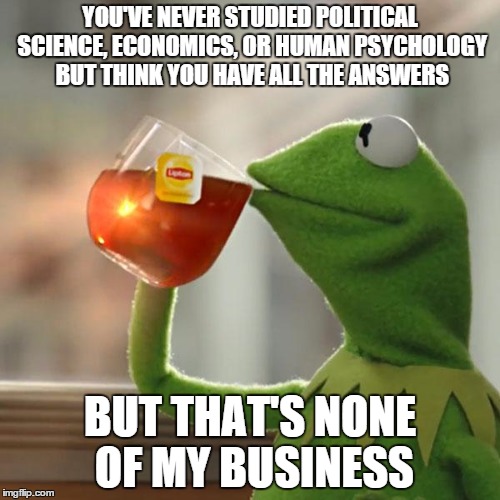 But That's None Of My Business | YOU'VE NEVER STUDIED POLITICAL SCIENCE, ECONOMICS, OR HUMAN PSYCHOLOGY BUT THINK YOU HAVE ALL THE ANSWERS BUT THAT'S NONE OF MY BUSINESS | image tagged in memes,but thats none of my business,kermit the frog,AdviceAnimals | made w/ Imgflip meme maker
