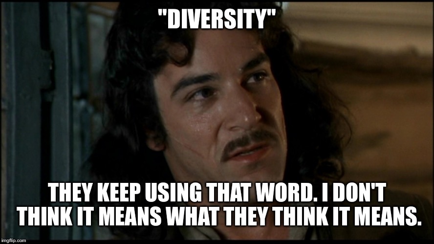 "DIVERSITY" THEY KEEP USING THAT WORD. I DON'T THINK IT MEANS WHAT THEY THINK IT MEANS. | made w/ Imgflip meme maker