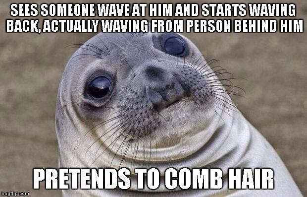 Awkward Moment Sealion Meme | SEES SOMEONE WAVE AT HIM AND STARTS WAVING BACK, ACTUALLY WAVING FROM PERSON BEHIND HIM PRETENDS TO COMB HAIR | image tagged in memes,awkward moment sealion | made w/ Imgflip meme maker