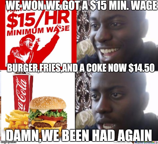 Fantasy Ruined | WE WON WE GOT A $15 MIN. WAGE BURGER,FRIES,AND A COKE NOW $14.50 DAMN,WE BEEN HAD AGAIN | image tagged in minimum wage,socialism,fast food,capitalism | made w/ Imgflip meme maker