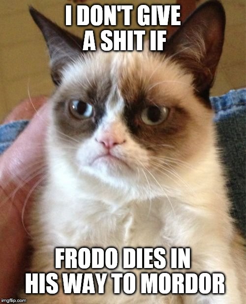 Grumpy Cat Meme | I DON'T GIVE A SHIT IF FRODO DIES IN HIS WAY TO MORDOR | image tagged in memes,grumpy cat | made w/ Imgflip meme maker