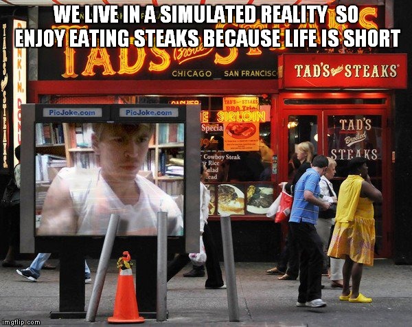 WE LIVE IN A SIMULATED REALITYSO ENJOY EATING STEAKS BECAUSE LIFE IS SHORT | image tagged in simulation,tron,restaurant,steaks,steak,old man bernie | made w/ Imgflip meme maker