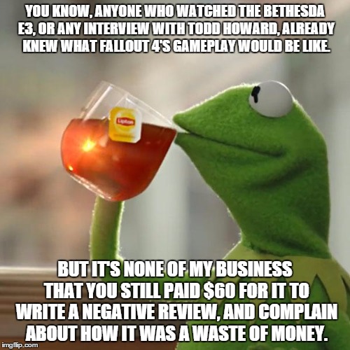 To All of the Haters | YOU KNOW, ANYONE WHO WATCHED THE BETHESDA E3, OR ANY INTERVIEW WITH TODD HOWARD, ALREADY KNEW WHAT FALLOUT 4'S GAMEPLAY WOULD BE LIKE. BUT I | image tagged in memes,but thats none of my business,kermit the frog,fallout 4,bethesda,steam | made w/ Imgflip meme maker