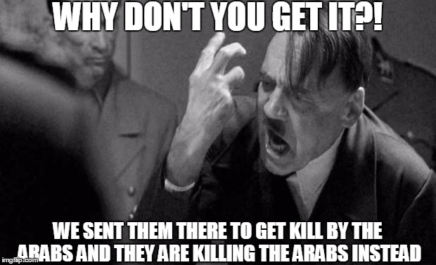 hitler | WHY DON'T YOU GET IT?! WE SENT THEM THERE TO GET KILL BY THE ARABS AND THEY ARE KILLING THE ARABS INSTEAD | image tagged in hitler | made w/ Imgflip meme maker