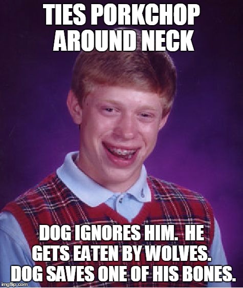 Bad Luck Brian Meme | TIES PORKCHOP AROUND NECK DOG IGNORES HIM.  HE GETS EATEN BY WOLVES.  DOG SAVES ONE OF HIS BONES. | image tagged in memes,bad luck brian | made w/ Imgflip meme maker