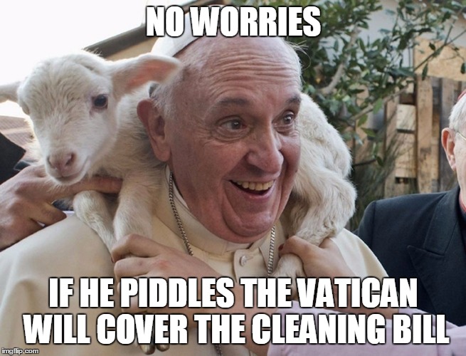 all in a day's work | NO WORRIES IF HE PIDDLES THE VATICAN WILL COVER THE CLEANING BILL | image tagged in pope francis | made w/ Imgflip meme maker
