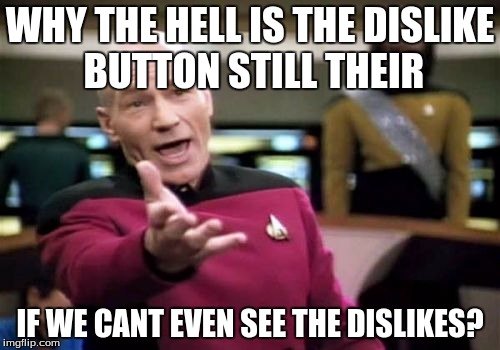 Picard Wtf Meme | WHY THE HELL IS THE DISLIKE BUTTON STILL THEIR IF WE CANT EVEN SEE THE DISLIKES? | image tagged in memes,picard wtf | made w/ Imgflip meme maker