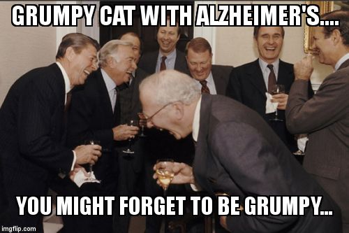 Laughing Men In Suits | GRUMPY CAT WITH ALZHEIMER'S.... YOU MIGHT FORGET TO BE GRUMPY... | image tagged in memes,laughing men in suits | made w/ Imgflip meme maker