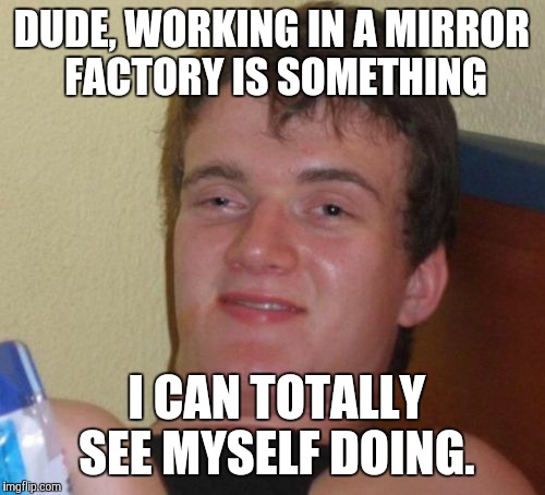 Sea myshelf. | DUDE, WORKING IN A MIRROR FACTORY IS SOMETHING I CAN TOTALLY SEE MYSELF DOING. | image tagged in memes,10 guy,funny | made w/ Imgflip meme maker