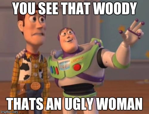 X, X Everywhere | YOU SEE THAT WOODY THATS AN UGLY WOMAN | image tagged in memes,x x everywhere | made w/ Imgflip meme maker