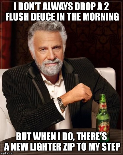The most interesting man takes a dump | I DON'T ALWAYS DROP A 2 FLUSH DEUCE IN THE MORNING BUT WHEN I DO, THERE'S A NEW LIGHTER ZIP TO MY STEP | image tagged in memes,the most interesting man in the world | made w/ Imgflip meme maker