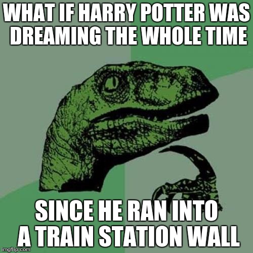 Philosoraptor | WHAT IF HARRY POTTER WAS DREAMING THE WHOLE TIME SINCE HE RAN INTO A TRAIN STATION WALL | image tagged in memes,philosoraptor | made w/ Imgflip meme maker