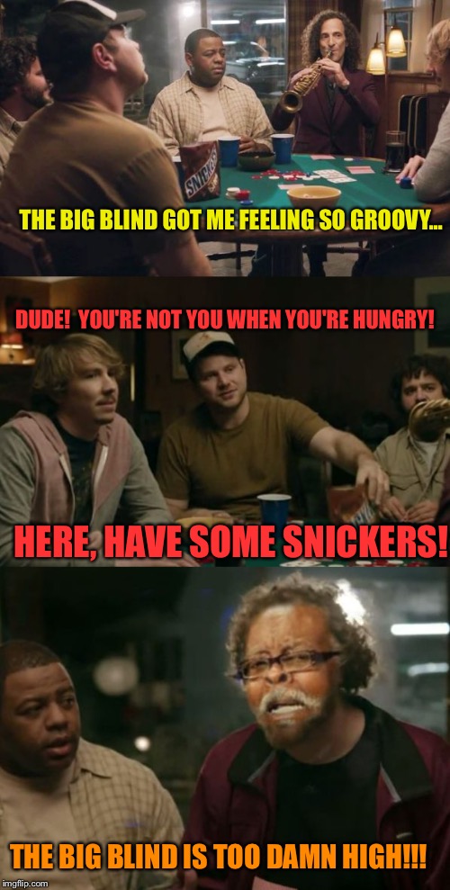 Snickers Too Damn High | THE BIG BLIND GOT ME FEELING SO GROOVY... DUDE!  YOU'RE NOT YOU WHEN YOU'RE HUNGRY! HERE, HAVE SOME SNICKERS! THE BIG BLIND IS TOO DAMN HIGH | image tagged in snickers too damn high,memes,too damn high | made w/ Imgflip meme maker