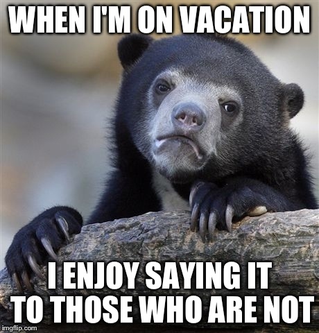 Confession Bear Meme | WHEN I'M ON VACATION I ENJOY SAYING IT TO THOSE WHO ARE NOT | image tagged in memes,confession bear | made w/ Imgflip meme maker