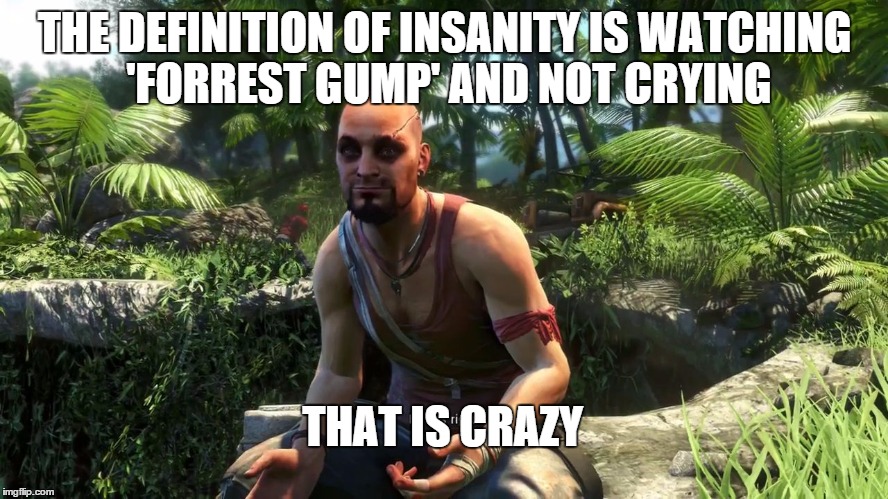 Even Vaas Thinks So | THE DEFINITION OF INSANITY IS WATCHING 'FORREST GUMP' AND NOT CRYING THAT IS CRAZY | image tagged in the definition of insanity | made w/ Imgflip meme maker
