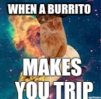 burrito cat in space | WHEN A BURRITO MAKES YOU TRIP | image tagged in burrito cat in space,scumbag | made w/ Imgflip meme maker