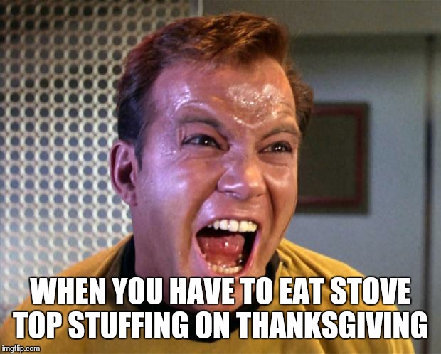 Captain Kirk Screaming | WHEN YOU HAVE TO EAT STOVE TOP STUFFING ON THANKSGIVING | image tagged in captain kirk screaming | made w/ Imgflip meme maker