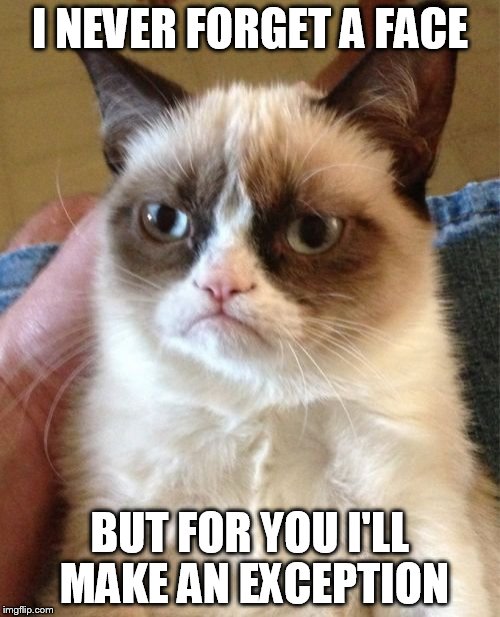 Grumpy Cat | I NEVER FORGET A FACE BUT FOR YOU I'LL MAKE AN EXCEPTION | image tagged in memes,grumpy cat | made w/ Imgflip meme maker