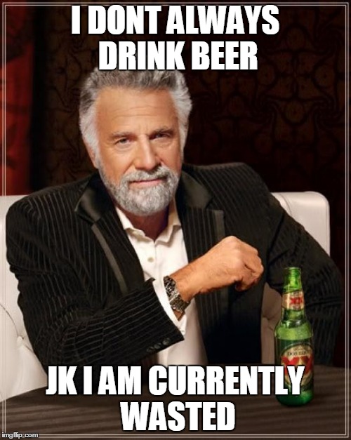 The Most Interesting Man In The World Meme | I DONT ALWAYS DRINK BEER JK I AM CURRENTLY WASTED | image tagged in memes,the most interesting man in the world | made w/ Imgflip meme maker