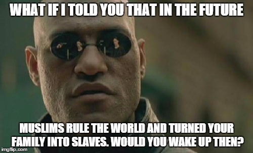 Matrix Morpheus | WHAT IF I TOLD YOU THAT IN THE FUTURE MUSLIMS RULE THE WORLD AND TURNED YOUR FAMILY INTO SLAVES. WOULD YOU WAKE UP THEN? | image tagged in memes,matrix morpheus | made w/ Imgflip meme maker