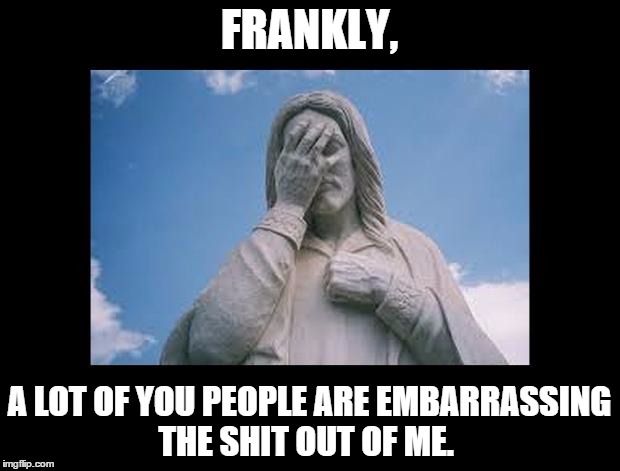 JesusFacepalm | FRANKLY, A LOT OF YOU PEOPLE ARE EMBARRASSING THE SHIT OUT OF ME. | image tagged in jesusfacepalm | made w/ Imgflip meme maker