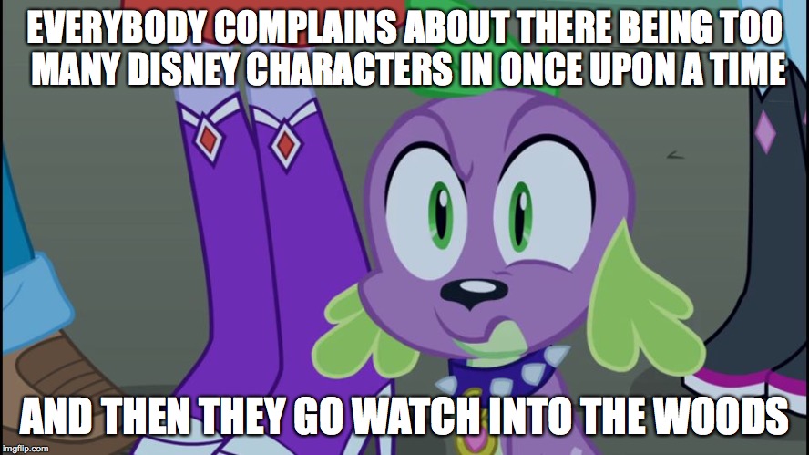 Mlp equestria girls spike da fuk | EVERYBODY COMPLAINS ABOUT THERE BEING TOO MANY DISNEY CHARACTERS IN ONCE UPON A TIME AND THEN THEY GO WATCH INTO THE WOODS | image tagged in mlp equestria girls spike da fuk | made w/ Imgflip meme maker