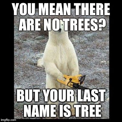Chainsaw Bear Meme | YOU MEAN THERE ARE NO TREES? BUT YOUR LAST NAME IS TREE | image tagged in memes,chainsaw bear | made w/ Imgflip meme maker