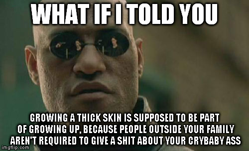 Growing a Thick Skin | WHAT IF I TOLD YOU GROWING A THICK SKIN IS SUPPOSED TO BE PART OF GROWING UP, BECAUSE PEOPLE OUTSIDE YOUR FAMILY AREN'T REQUIRED TO GIVE A S | image tagged in memes,matrix morpheus | made w/ Imgflip meme maker
