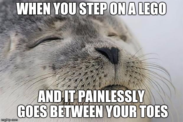 Darn legos
 | WHEN YOU STEP ON A LEGO AND IT PAINLESSLY GOES BETWEEN YOUR TOES | image tagged in memes,satisfied seal | made w/ Imgflip meme maker