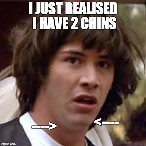 Conspiracy Keanu | I JUST REALISED I HAVE 2 CHINS ----> <---- | image tagged in memes,conspiracy keanu | made w/ Imgflip meme maker