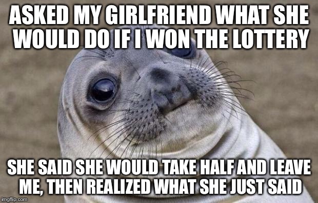 Awkward Moment Sealion Meme | ASKED MY GIRLFRIEND WHAT SHE WOULD DO IF I WON THE LOTTERY SHE SAID SHE WOULD TAKE HALF AND LEAVE ME, THEN REALIZED WHAT SHE JUST SAID | image tagged in memes,awkward moment sealion | made w/ Imgflip meme maker