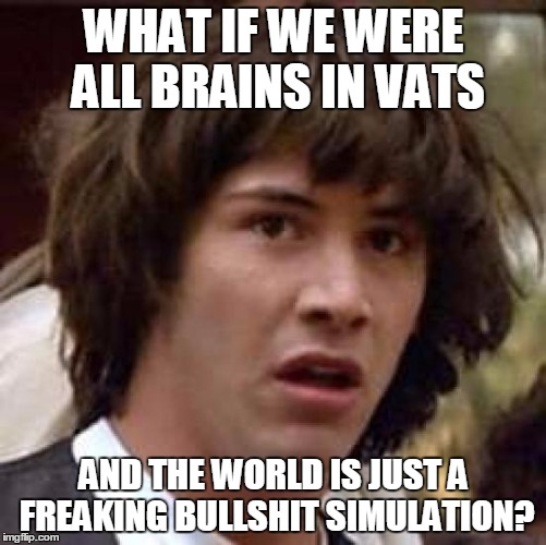 Conspiracy Keanu Meme | WHAT IF WE WERE ALL BRAINS IN VATS AND THE WORLD IS JUST A FREAKING BULLSHIT SIMULATION? | image tagged in memes,conspiracy keanu | made w/ Imgflip meme maker