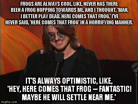 Mitch Hedberg | FROGS ARE ALWAYS COOL. LIKE, NEVER HAS THERE BEEN A FROG HOPPING TOWARDS ME, AND I THOUGHT, 'MAN, I BETTER PLAY DEAD. HERE COMES THAT FROG.' | image tagged in mitch hedberg | made w/ Imgflip meme maker