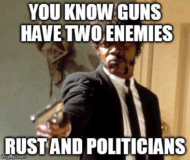 Say That Again I Dare You | YOU KNOW GUNS HAVE TWO ENEMIES RUST AND POLITICIANS | image tagged in memes,say that again i dare you | made w/ Imgflip meme maker