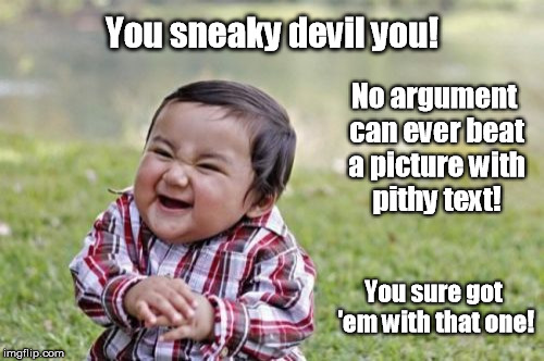 You sneaky devil you! | You sneaky devil you! No argument can ever beat a picture with pithy text! You sure got 'em with that one! | image tagged in memes,evil toddler | made w/ Imgflip meme maker