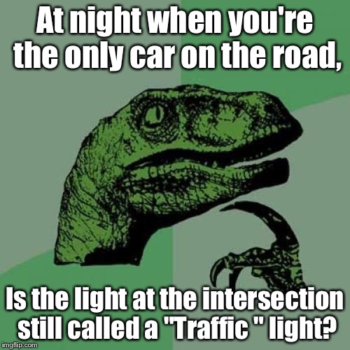 Philosoraptor Meme | At night when you're the only car on the road, Is the light at the intersection still called a "Traffic " light? | image tagged in memes,philosoraptor | made w/ Imgflip meme maker